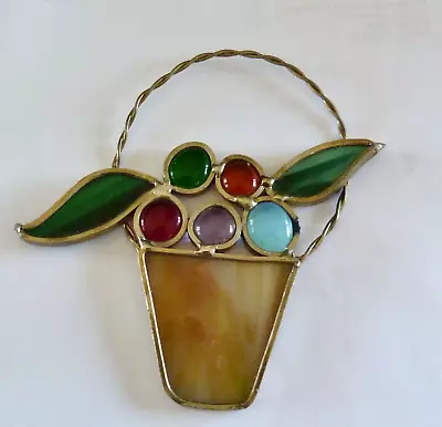 Buy Vintage Stained Glass Leaded Suncatcher Fruit Basket Wire Handle • 10.61£