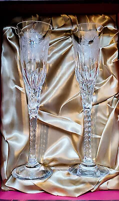 Buy Royal Brierley Lead Crystal Champagne Flutes X2 'Millenium 2000' Cut Class BOXED • 39.49£