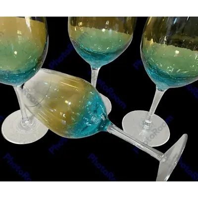 Buy 4 Large Wine Goblets/Glasses Crackle Design Teal And  Gold NWOT • 85.78£