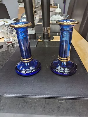 Buy Vintage Pair Of Blue Glass Candlesticks, Cobalt Blue Pressed Glass Candle... • 5£