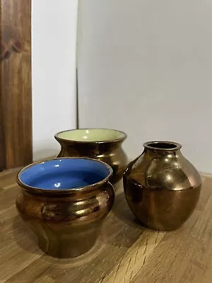 Buy Creigiau Welsh Pottery X3 Mini Pots Vases Bowl Copper Lustre • 3.99£