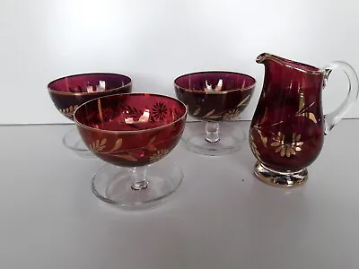 Buy Cranberry Colour Glass Jug And Three Fruit Bowls • 6.50£