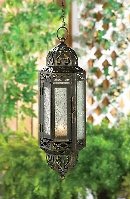 Buy Metal Glass Victorian Hanging Candleholder Lantern Outdoor Decor • 28.23£
