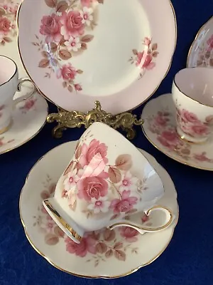 Buy Sutherland Vintage English Bone China Pink Roses Lots Of Gold 6 Cup Set • 55£