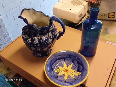 Buy Blue Decorative Glass Ceramic Pieces Joblot Bundle X3  Bowl Jug Bottle • 7£