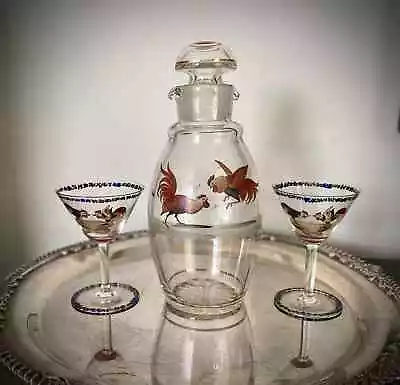 Buy Art Deco Enamelled Glass Decanter/shaker  Depicting Fighting Cockerels +glasses • 35£