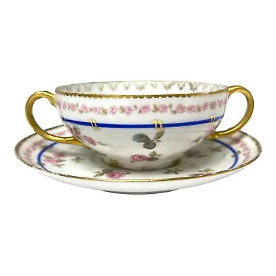 Buy Antique Vintage GDA Haviland Pink Roses Blue & Gold Border Cup & Saucer Soup • 53.07£