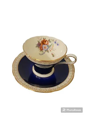 Buy Aynsley England Rose Floral Tea Cup And Saucer Cobalt Blue Gold Trim Bone China • 33.58£