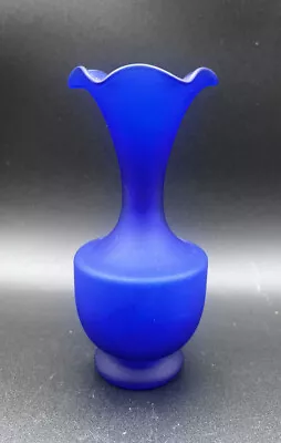 Buy Vintage Frosted/Satin  Art Glass Cobalt Blue Fluted Top Trumpet Vase. • 18.25£