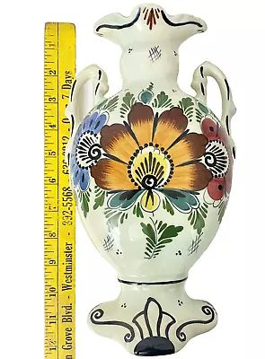 Buy LARGE DELFT Polychrome Double Handled Vase SIGNED Handpainted Mantel Decor VTG • 44.18£