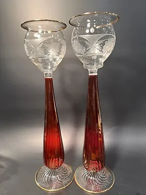 Buy Vintage Pair Cranberry Flashed Glass Clear Footed Candle Votives Hand Blown • 37.94£