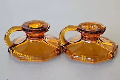 Buy Vintage Art Deco Amber Glass Pair Of Chamber Candlesticks • 5.99£