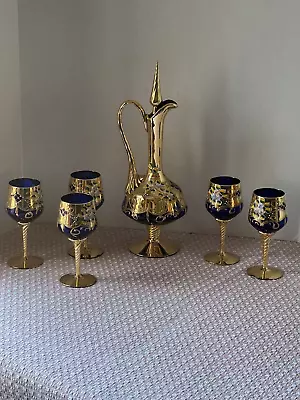 Buy Tre Fuochi Venetian Murano Glass. Cobalt Blue 24k Gold Wine Set, 5 Wine Glasses • 427.57£