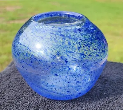 Buy Vintage Blue Crackle Swirl Glass Rose Bowl Vase Art Glass Unmarked • 14.39£