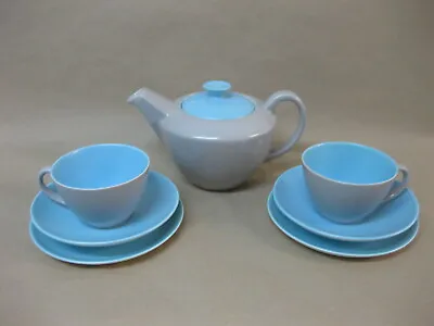 Buy Poole Pottery Twintone Sky Blue & Dove Grey Teapot & 2 Cups Saucers & Plates • 24.99£