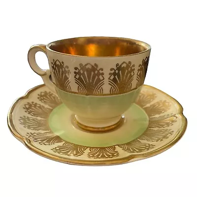 Buy Vintage Crown Devon Fieldings Cup And Saucer Green Gold Inside Bone China • 14.99£