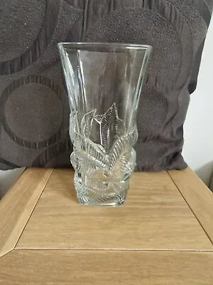 Buy Vintage French Glass Vase , Leaf Pattern 24.5cm Tall, 13cm Across, Heavy • 13£