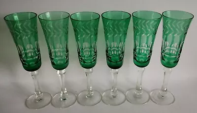 Buy ANTIQUE VINTAGE BOHEMIAN EMERALD CUT TO CLEAR GLASS CHAMPAGNE FLUTES X 6  (23h) • 110£