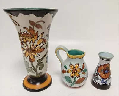 Buy X3 Vintage Royal Holland Gouda Pottery Pieces- Fluted Vase, Jug & Miniature Vase • 9.99£