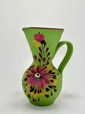 Buy Vintage Green 6 1/2” Pitcher Style Vase With Hand Painted Flowers Italy • 16.06£