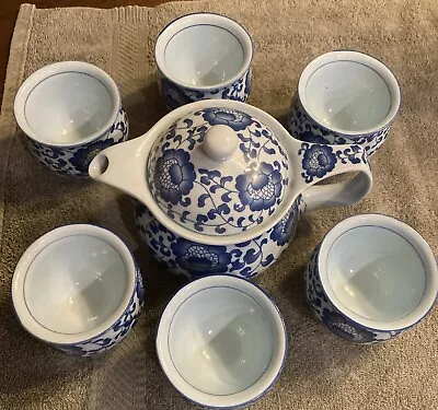 Buy Chinese Ceramic Porcelain Light Blue / Blue Teapot W/ 6 Cups - Excellent • 13.85£