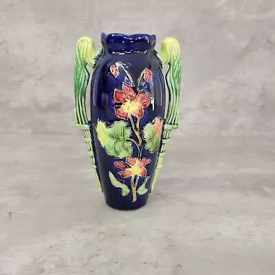 Buy Majolica Austria Art Pottery Vase Cobalt Blue Flowers Antique Josef Strnact? • 72.57£