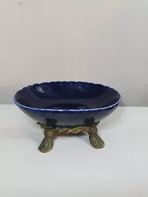 Buy Vintage Cobalt Blue Ceramic Soap Dish 5 Inch X 3.5 Inch. Ornate Solid Brass Legs • 12£