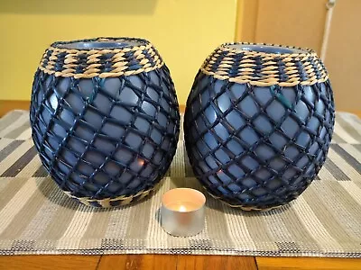Buy Pair Of Large Ceramic Blue Barrell With Rope Design Tea Light Candle Holder 15cm • 40£