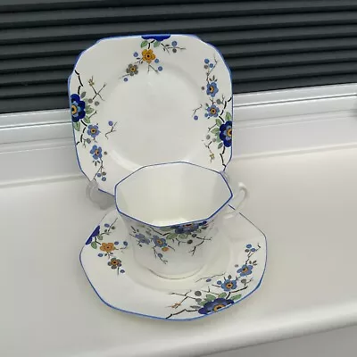 Buy Fenton Bone China Trio Blue Flowers Square T Plate Saucer 7 Sided & Tea Cup • 6£
