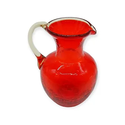 Buy Vtg Hand Blown Crackle Glass Red Yellow Applied Handle Small Pitcher Bud Vase • 14.13£