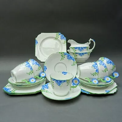 Buy Aynsley Blue Flower Handle Part Tea Set ~ 5 Trios ~ Milk & Sugar ~ Art Deco 5222 • 51.50£
