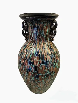 Buy Mid Century MURANO Art Nouveau Aventurine Peacock Colors Handled Vase 9 3/4  • 150.79£