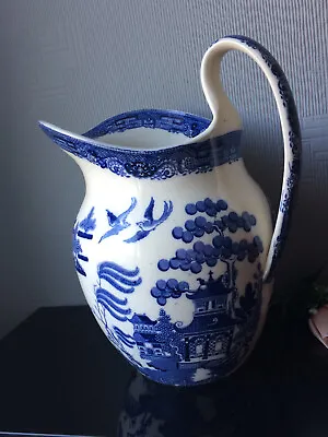 Buy Cracked HUGE Jug Pitcher Pottery Blue &White Willow Ceramic Table Carafe Vase 1L • 20£