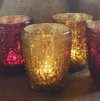 Buy Rustic Amber Antique Textured Glass Tea Light Candle Holder, Bolly 10x8cm • 10£