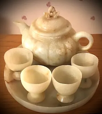 Buy ANTIQUE SIX PIECE CARVED JADE TEA SET FROM CHINA (With Tea Stains In Teapot!) • 95£