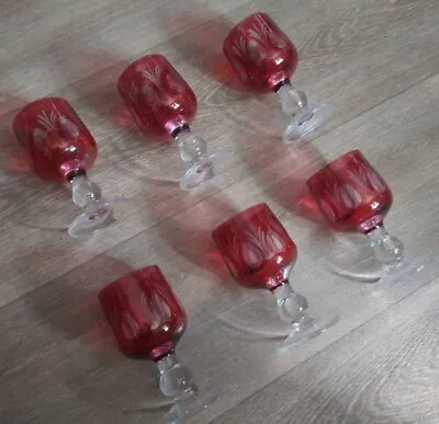 Buy Antique Cranberry Etched Glasses Set Of 6 - Hand Blown  • 42£