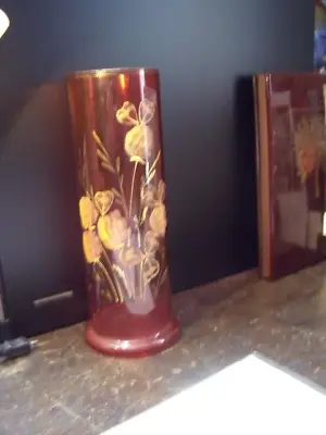 Buy Antique Cranberry Glass Vase, Hand Painted/ Gilded, Clover Design • 5£
