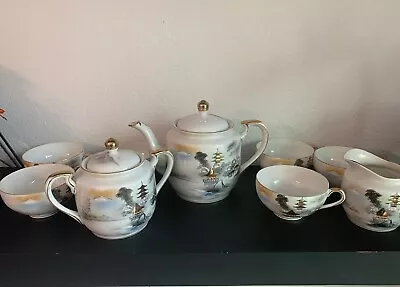 Buy  VTG Kutani China Geisha Lithophane Porcelain Gold Hayasi Fuji Pagoda Teapot Set • 189.69£
