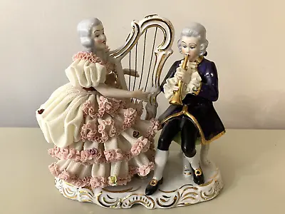 Buy Antique Dresden Porcelain Lace Musicians Figurine Couple Harp Clarinet Germany • 132.81£