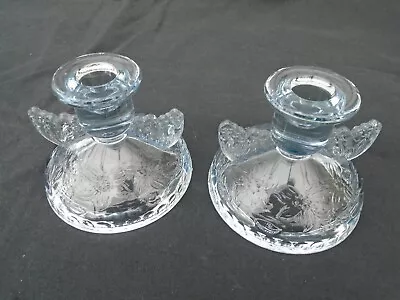 Buy Vintage Sowerby Pale Blue Pressed Glass Pair Of Butterfly Candle Holders • 10£
