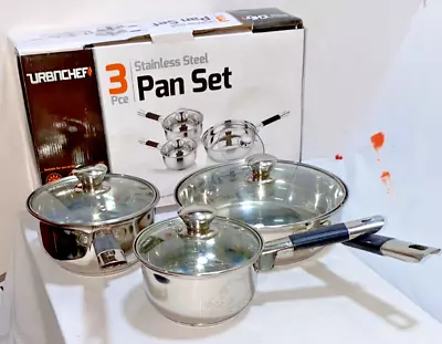 Buy Set Of 3 Stainless Steel  Saucepans Cookware Cooking Pots Pan With Glass Lids • 24.99£