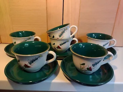 Buy 6 Vintage Denby Greenwheat Stoneware Tea Cups And 5 Saucers • 9.50£