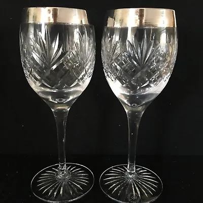 Buy Pair Of Royal Doulton WESTMINSTER Cut Crystal 7 5/8  Red Wine Glasses Silver Rim • 39.95£