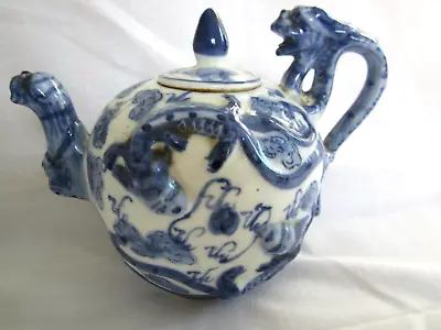 Buy Small Antique Chinese Blue And White Porcelain Tea Pot, Raised Dragon Relief • 9.99£