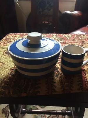 Buy T G Green Blue White Cornish Ware Round Lidded Butter Dish And Small Cup. • 40£