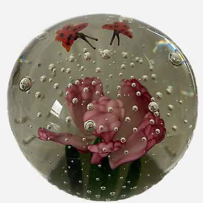 Buy Glass Floral Paperweight Pink Flowers Butterflies Bollicante Bubbles 3 Inch • 21.13£