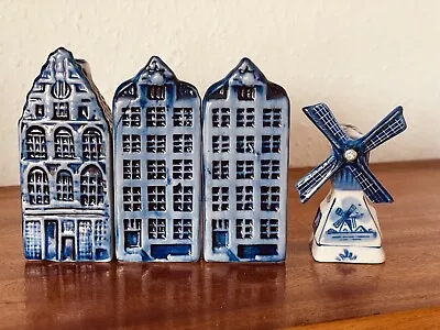 Buy Hand Painted Vintage Blue Delft Amsterdam Houses (x3) Plus Delft Dutch Windmill • 26£