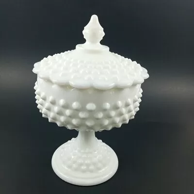 Buy Vintage Fenton Covered Candy Dish Bowl Pedestal Milk Glass White Hobnail 9  • 47.36£