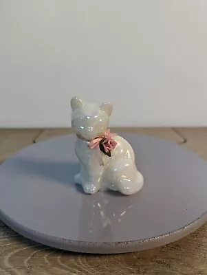 Buy Fenton White Opal Iridescent Cat Figurine With Porcelain Flower And Ribbon Bow • 29.14£