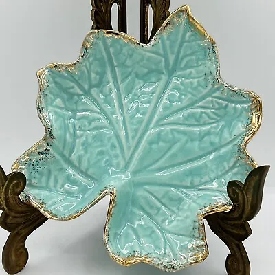 Buy Mid Century 1950s California USA Potteries Turquoise Leaf Dish With Gold Accents • 14.21£